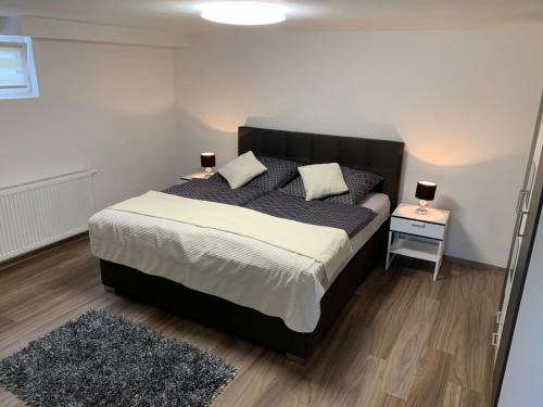 a bedroom with a large bed with two lamps on it at NEU Ferienwohnung MONTE in Walsrode in Walsrode