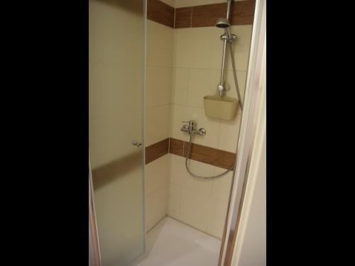 W łazience znajduje się prysznic ze szklanymi drzwiami. w obiekcie NEU! Moderne FeWo Nähe Plauer See 