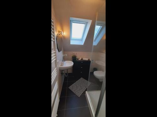 a bathroom with a sink and two toilets and a window at NEU Ferienwohnung Walsrode in Walsrode