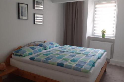 een slaapkamer met een bed met een blauw en groen dekbed bij FeWo Pfaffen-Schwabenheim in Pfaffen-Schwabenheim