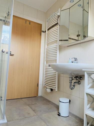 a bathroom with a sink and a mirror at Schicke Ferienwohnung Victorbur in Südbrookmerland