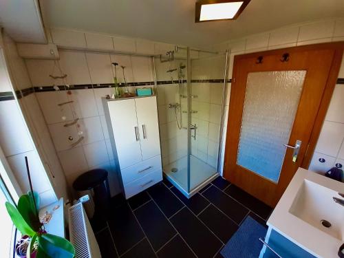 ein Bad mit einer Dusche und einer Glastür in der Unterkunft NEU! Ferienwohnung Eulennest in Staudernheim