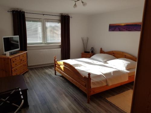 um quarto com uma cama e uma televisão numa cómoda em NEU! Ferienwohnung Yuva Bad Harzburg em Bad Harzburg
