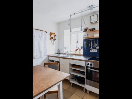 a kitchen with a sink and a table in it at NEU ! Ferienwohnung Beim Kirschschuster in Schernfeld
