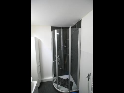 een douche in de badkamer met een spiegel bij NEU! Ferienwohnung im Herzen der Pfalz in Kaiserslautern