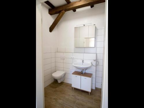 阿斯菲爾德的住宿－NEU! Schicke FeWo Alsfeld，白色的浴室设有水槽和卫生间。