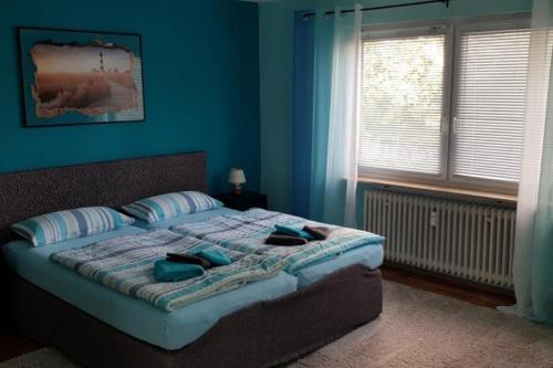 a bedroom with a bed with blue walls and a window at NEU! Ferienwohnung am Schwedenberg in Elfershausen