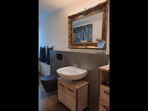 a bathroom with a sink and a mirror at Zur alten Gurkeneinlegerei in Lübbenau