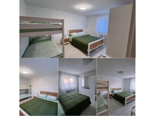 4 verschiedene Bilder eines Schlafzimmers mit Etagenbetten in der Unterkunft NEU! Ferienwohnung Talblick in Hinterfalkau