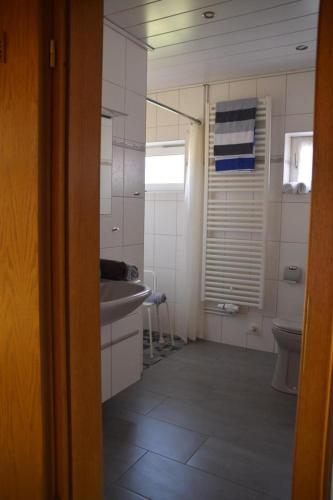 a bathroom with a sink and a toilet at NEU Hafenhäuschen No 18 in Norden