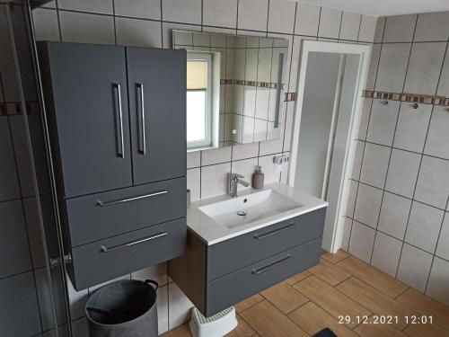 uma casa de banho com um lavatório e um espelho em NEU! Ferienhaus Römer em Bad Sülze