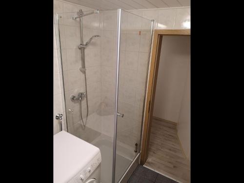 a shower stall in a bathroom with a toilet at NEU! Ferienwohnung Nordlicht in Großheide