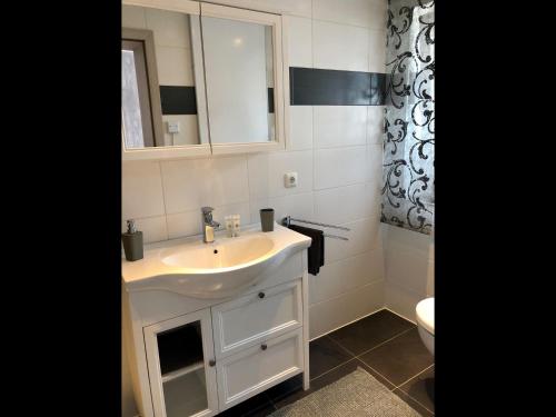 een badkamer met een wastafel, een spiegel en een toilet bij NEU! Ferienhaus Schliephake in Schöningen