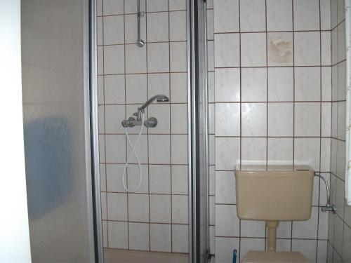 a bathroom with a shower and a toilet at NEU! Nordsee-Ferienhaus Lukas in Dornum