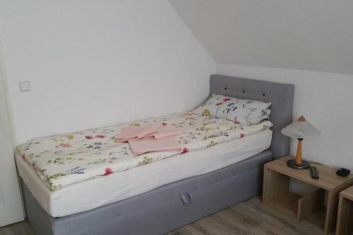 een slaapkamer met een bed met roze kleren erop bij NEU! Ferienwohnung Cottbus nähe Spreewald in Cottbus