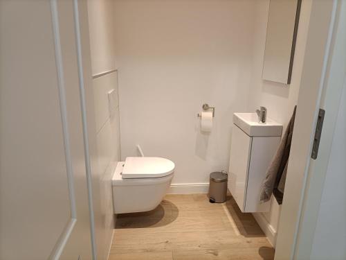 a white bathroom with a toilet and a sink at NEU! Modernes Ferienhaus im Hochmoor in Leer