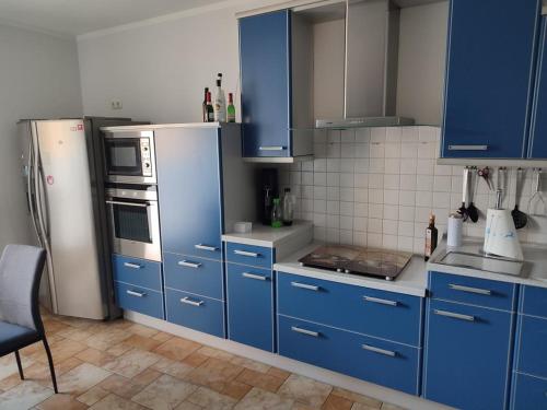 a kitchen with blue cabinets and a refrigerator at FeWo Franja Angermünde in Angermünde