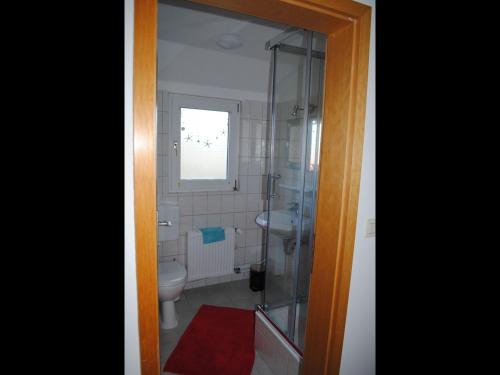 a bathroom with a toilet and a glass shower at NEU! Ferienhaus NordseeGlück in Dornum