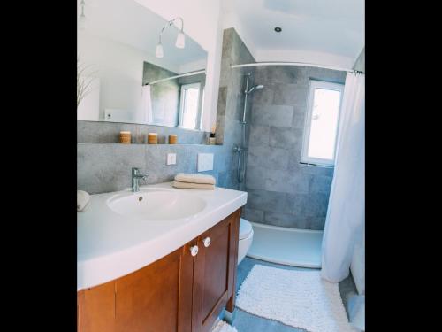 ein Bad mit einem Waschbecken und einem WC in der Unterkunft NEU! Ferienhaus Handeloh in Handeloh