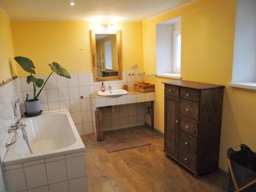 a bathroom with a sink and a tub and a mirror at NEU Fewo im Bauernhaus mit idyllischem Innenhof und Naturgarten in Mesekenhagen