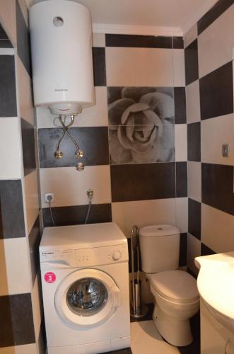 une salle de bain avec machine à laver et toilettes dans l'établissement Apartments Djedovic 2, à Petrovac na Moru