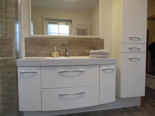 een badkamer met een witte wastafel en een spiegel bij NEU Huus Inge und Manni in Dornum