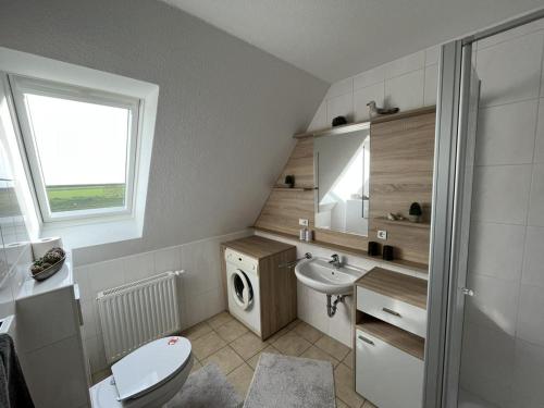 a bathroom with a toilet sink and a washing machine at !!!NEU!!! Ferienwohnung am Deich in Dornumersiel