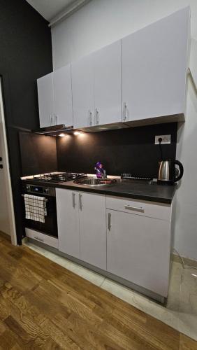 uma cozinha com armários brancos e um fogão em Margot Apartment em Zagreb