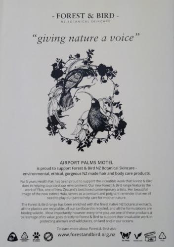 a poster for the forest bird giving nature a voice at Airport Palms Motel in Christchurch