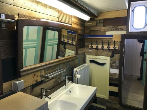 ein Bad mit einem Waschbecken und einem Spiegel in der Unterkunft Cozy Boat in Merkem near Lake in Drie Grachten