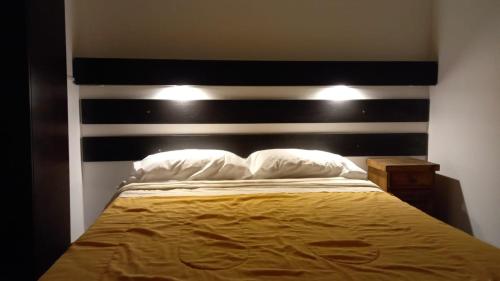 a bedroom with a bed with a black and white headboard at Hostel Los Andes in Guaymallen