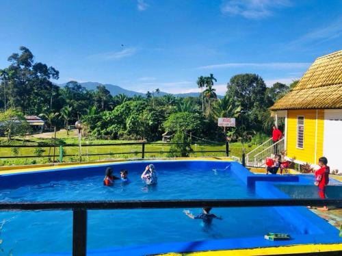 a group of people playing in a swimming pool at Kurau Stone Chalet in Taiping