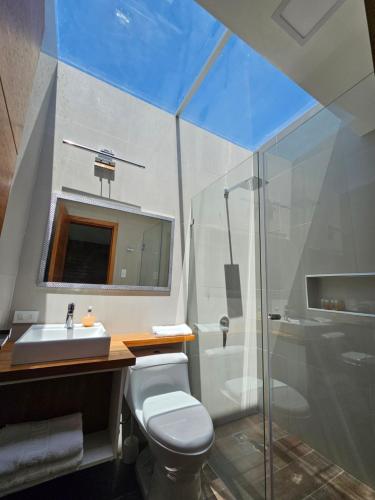 Un baño con inodoro, lavabo y ducha. en El Chasqui Guest House, en Chasqui