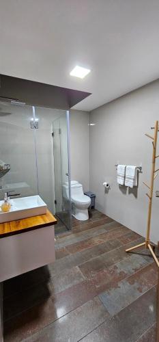 a bathroom with a toilet and a shower and a sink at El Chasqui Guest House in Chasqui
