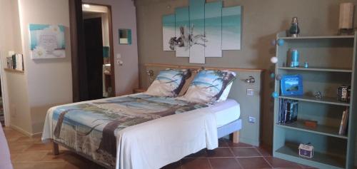 a bedroom with a bed and a book shelf at Villa Baies Roses in Saint-Leu