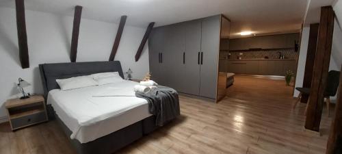 a bedroom with a large bed and a kitchen at GM 15 Apartments in Sibiu