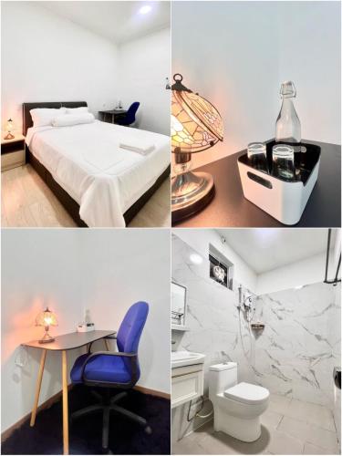 a collage of pictures of a bedroom and a bathroom at Three Homestay in Perai