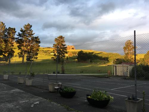 a tennis court with two tennis rackets at Stay in School by the Sea in Dunedin