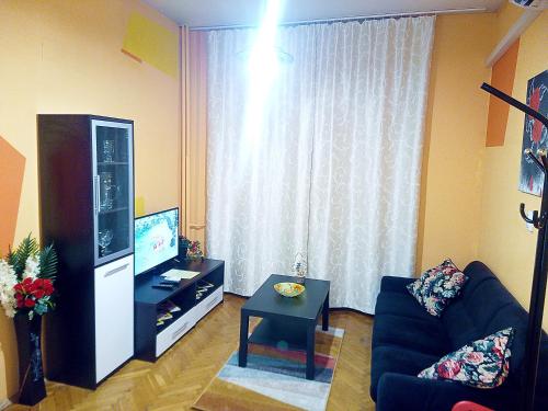 uma sala de estar com um sofá e uma televisão em "Maria Luisa" - Top center apartment em Sófia