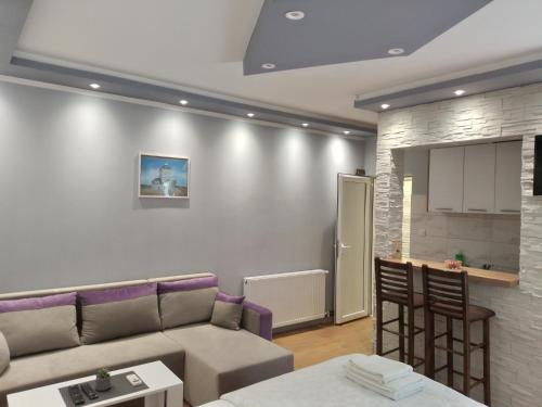a living room with a couch and a kitchen at Čavić apartmani in Vršac