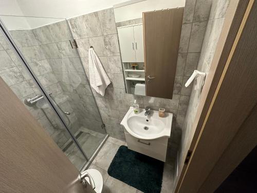 a bathroom with a shower and a sink and a mirror at Sunset view in Craiova