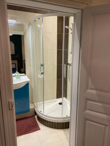 een badkamer met een douche en een wastafel bij Appartement 3 pièces avec garage in Moulins