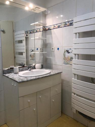 une salle de bain blanche avec un lavabo et un miroir dans l'établissement Luchon loft de charme, à Luchon