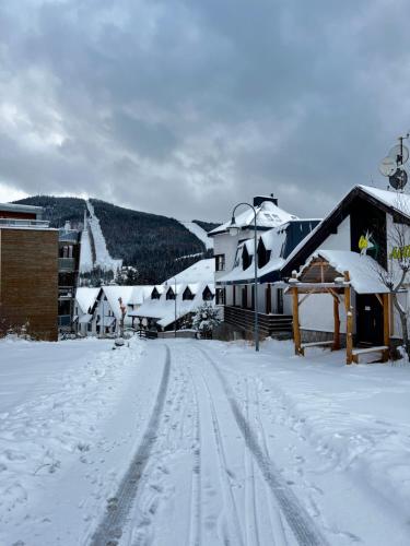 uma rua coberta de neve com edifícios e uma pista de esqui em Pension Mona em Harrachov