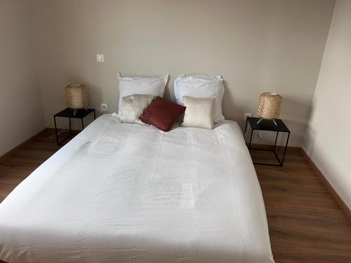 Elle comprend un grand lit blanc avec des oreillers. dans l'établissement Maison harmonie, à Colmar