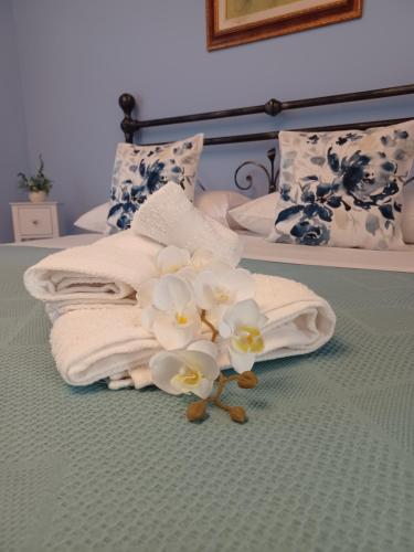 uma pilha de toalhas e flores numa cama em Casa Vacanza Io e Te em San Marco Argentano