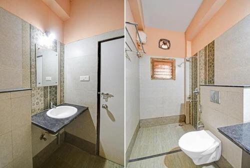 two pictures of a bathroom with a sink and a toilet at SR HOME STAY in Bhubaneshwar