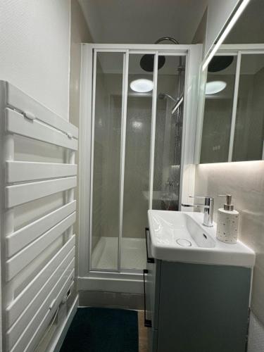 une salle de bain blanche avec une douche et un lavabo dans l'établissement L'Escale, à Rennes
