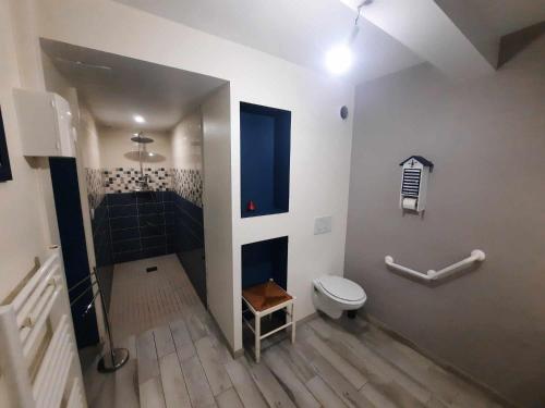 La salle de bains est pourvue de toilettes et d'une douche à l'italienne. dans l'établissement Appart jardin Kennedy, à Cholet