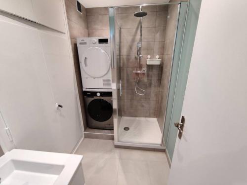 une salle de bain avec une douche avec des toilettes et un lavabo dans l'établissement appartement hyper centre-ville, petite France, à Strasbourg